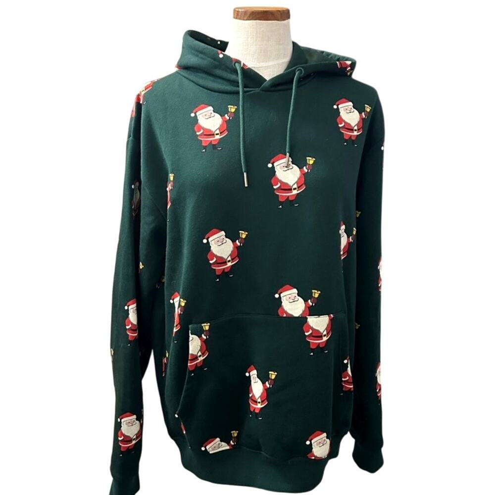 Festive Denim & Flower Ricky Singh Size L Santa Print Hoodie Green Christmas